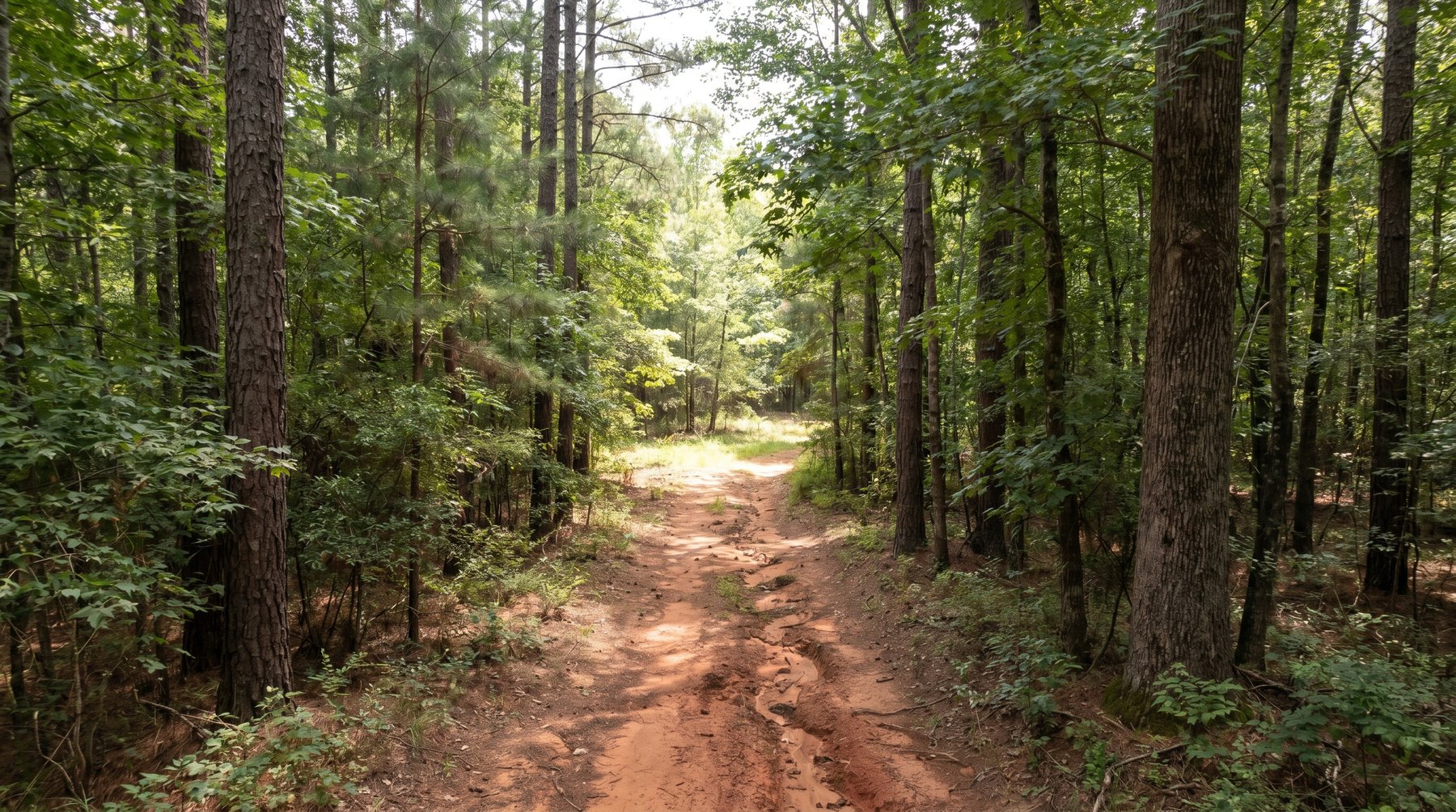 A worn red clay path through a wooded NC Triangle lot opening into a clearing where a custom home could sit.