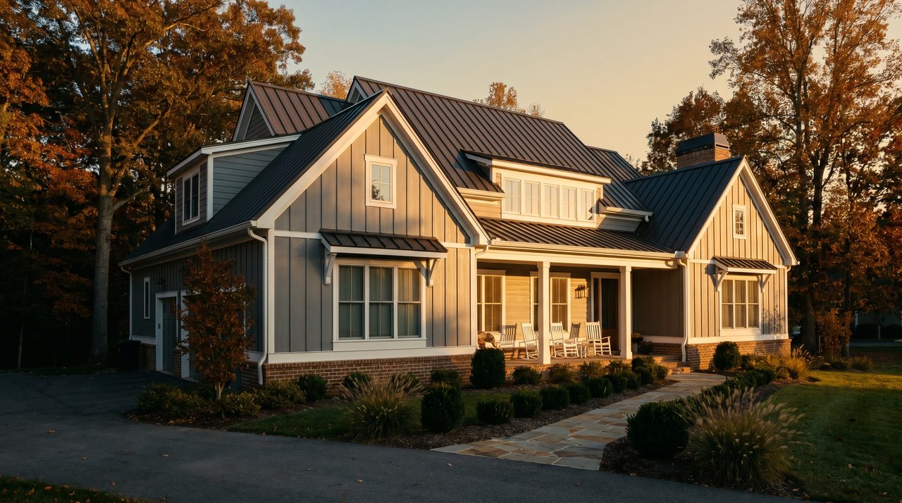 Hornet Homes golden-hour board-and-batten farmhouse exterior