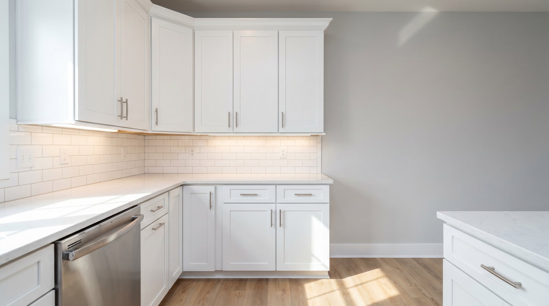 Close-up of a custom kitchen corner with white shaker cabinets, crown-molded 42-inch uppers, quartz countertop, white subway tile backsplash, brushed nickel pulls, stainless dishwasher, light oak LVP floor.