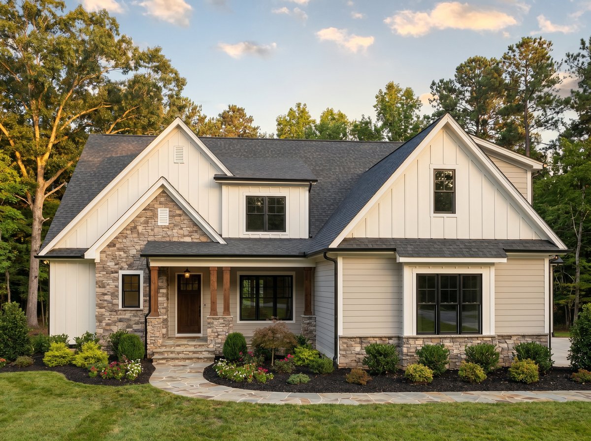 A finished custom Hornet home with board-and-batten siding and a natural stone accent &mdash; the complete, move-in-ready home an all-in price builds.